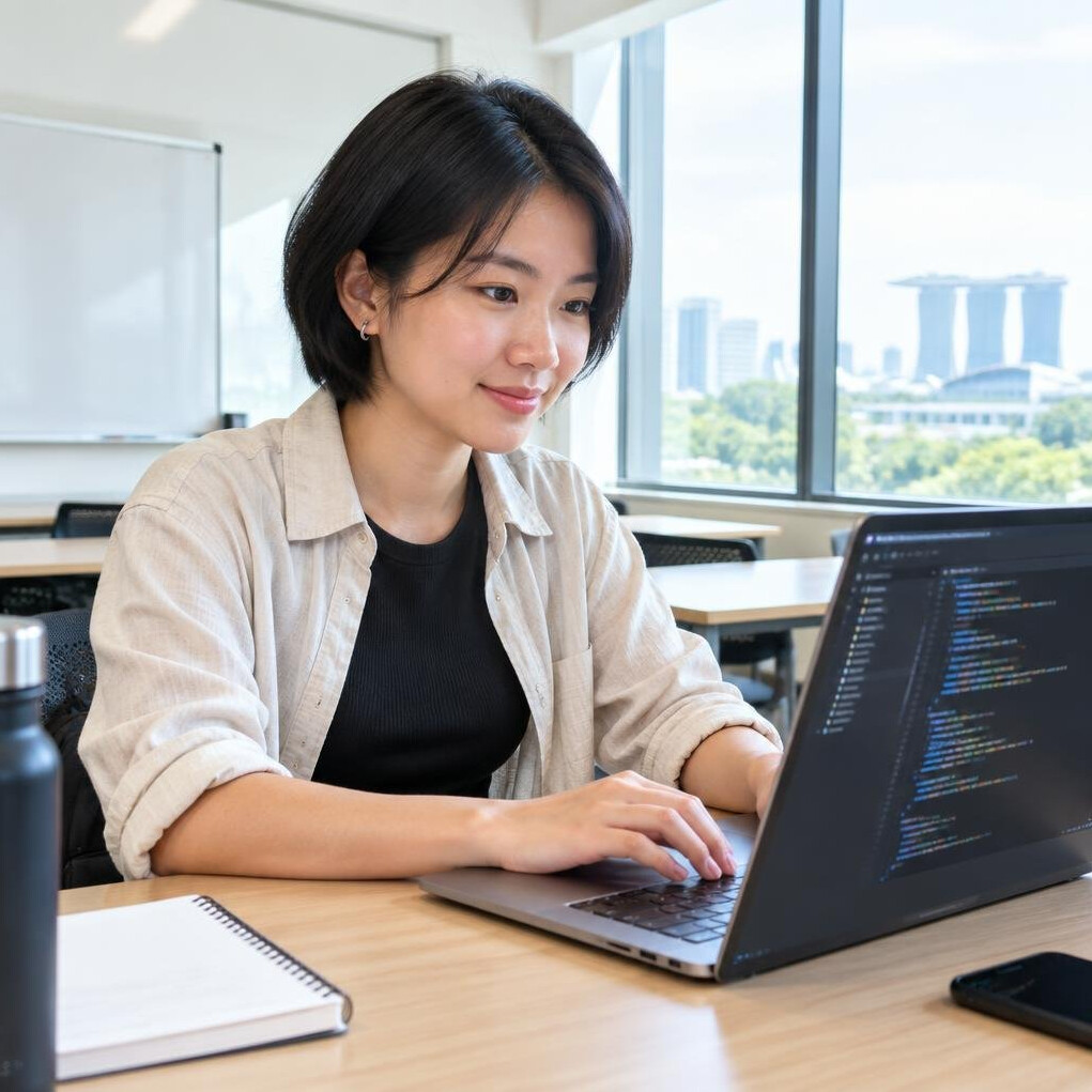 Young Singaporean woman coding on a laptop in a bright classroom